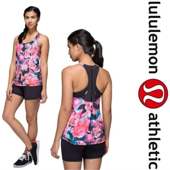Lululemon Lightened Up Singlet Womens Size 8 Secret Garden Black Pink Floral - Picture 1 of 7